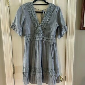 Wishlist Apparel Light (Dusty) Blue Boho Lace insert tie-back Dress (M)